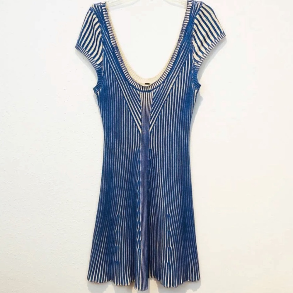 Free People Vintage Rare Ribbed Knit Sweater Dress XS Blue Cream Stripe